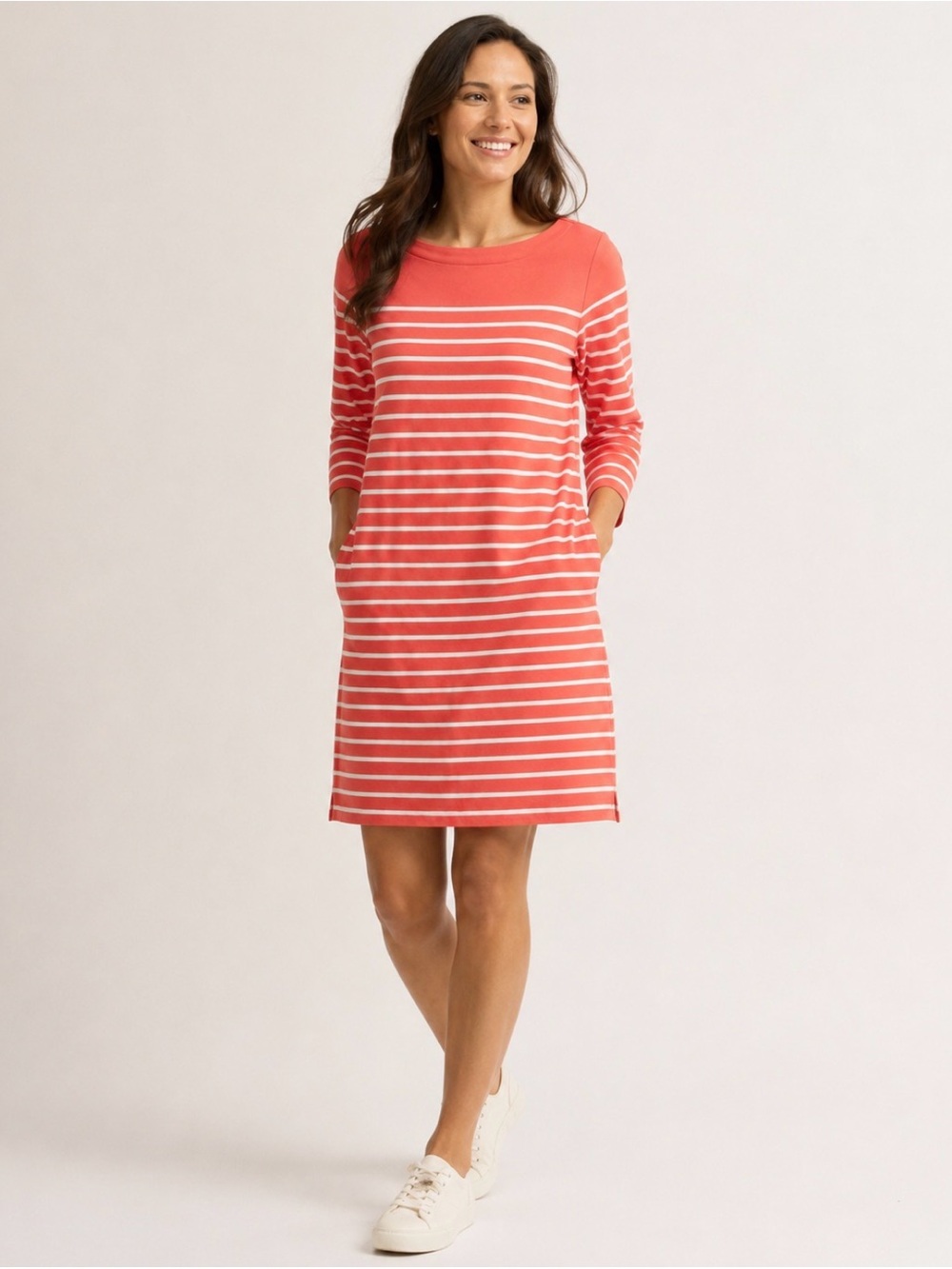 L.L.Bean Heritage Mariner Dress L Coral Stripe Cotton Nautical Coastal